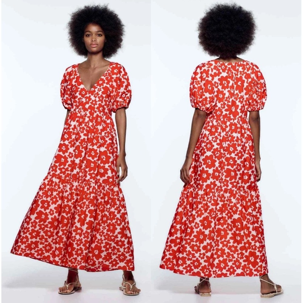 Zara Red White Floral Cotton Poplin Tiered Midi Dress Puff Sleeve Casual Size S